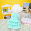 Small dog wearing polyester princess dress with layered skirt in candy colours