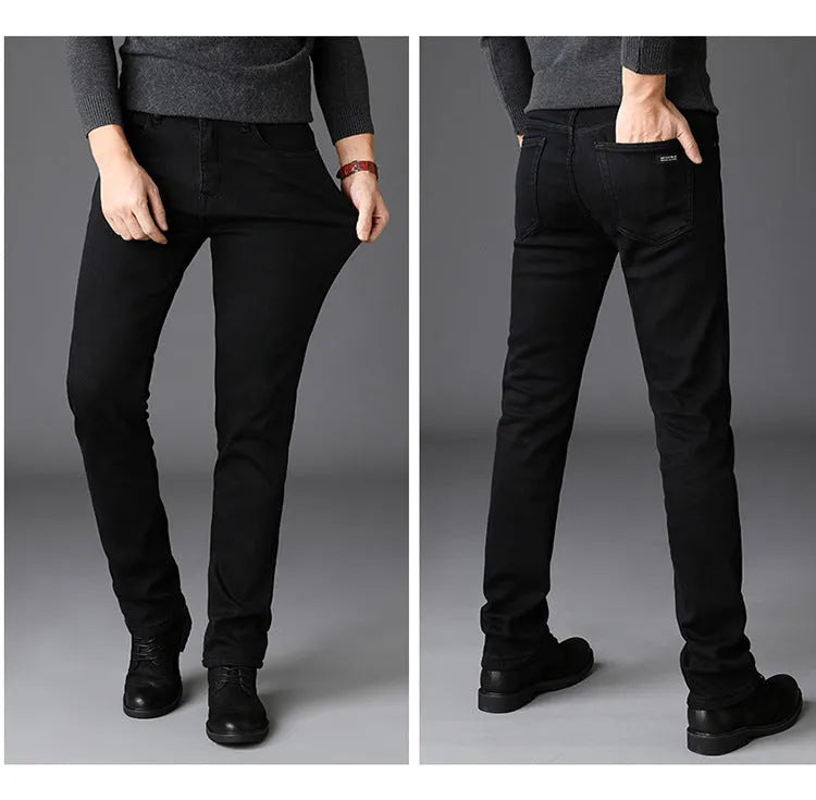 Men's slim straight black jeans made of cotton denim, flat lay