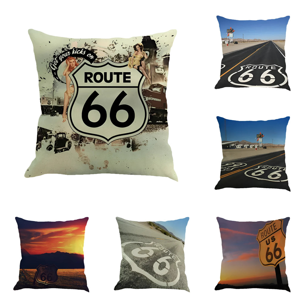 Route 66 landscape print linen cushion cover 45x45cm with envelope opening