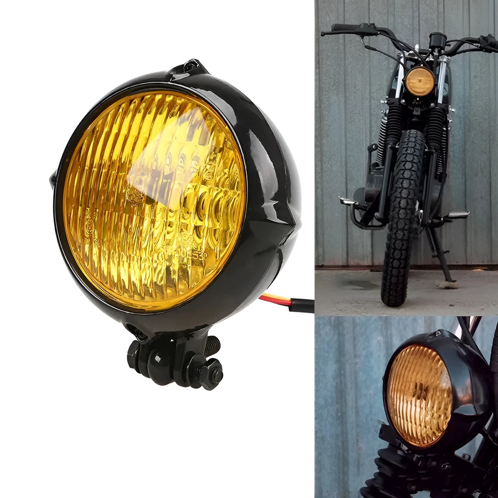 Black electroplated Harley-style halogen headlight unit with an 8 cm diameter glass lens.