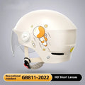 Khaki-coloured electric motorcycle half helmet with attached long glasses on a grey background.