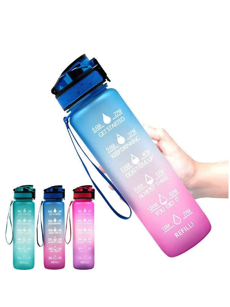 Clear transparent Tritan plastic sports water bottle with infuser, 1000ml capacity, on a plain background.