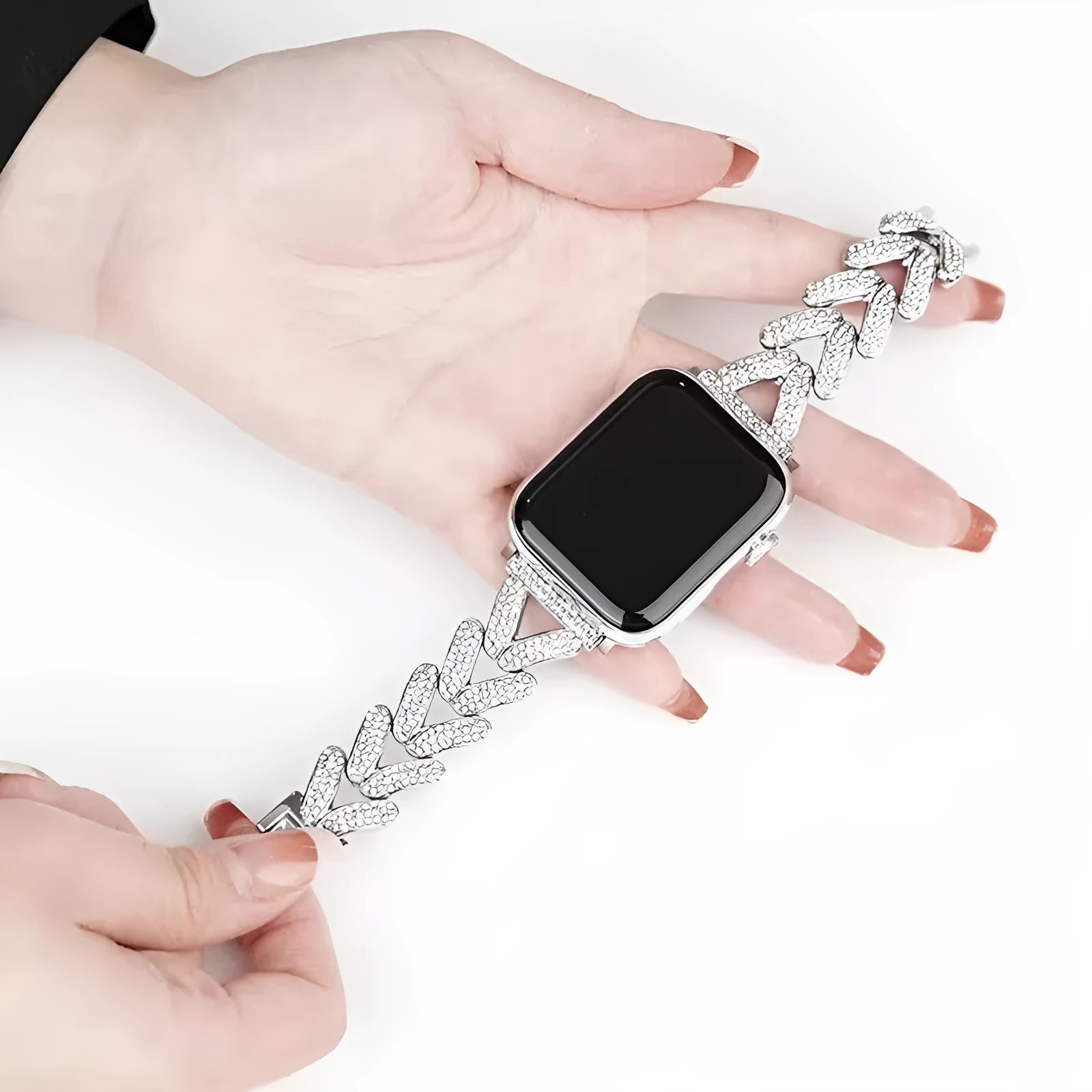 V-shaped metal diamond-embedded strap for Apple Watch in Silver, Starlight, Rose Gold, Gold
