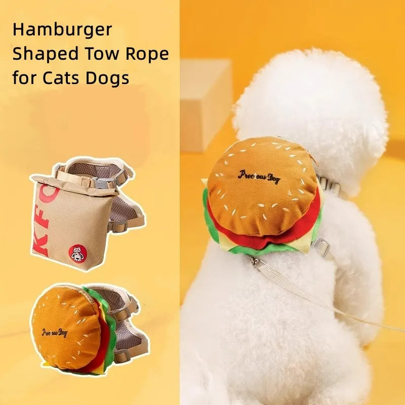 Cartoon hamburger design adjustable vest leash for dogs and cats with backpack