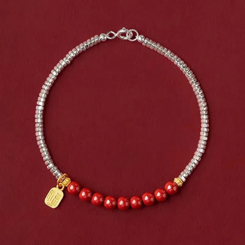 Geometric copper couple bracelet with round silver lucky beads measuring 16cm with white K finish