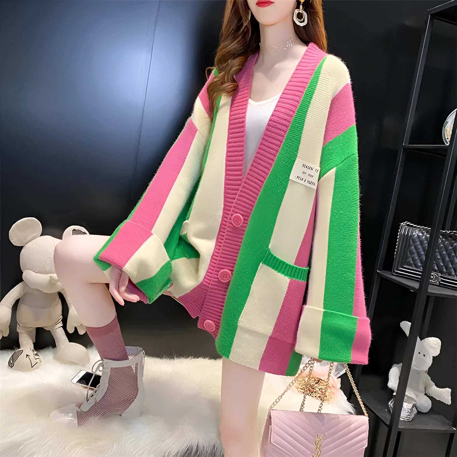 Women's loose fit striped colour stitching knitted cardigan sweater coat in green pink