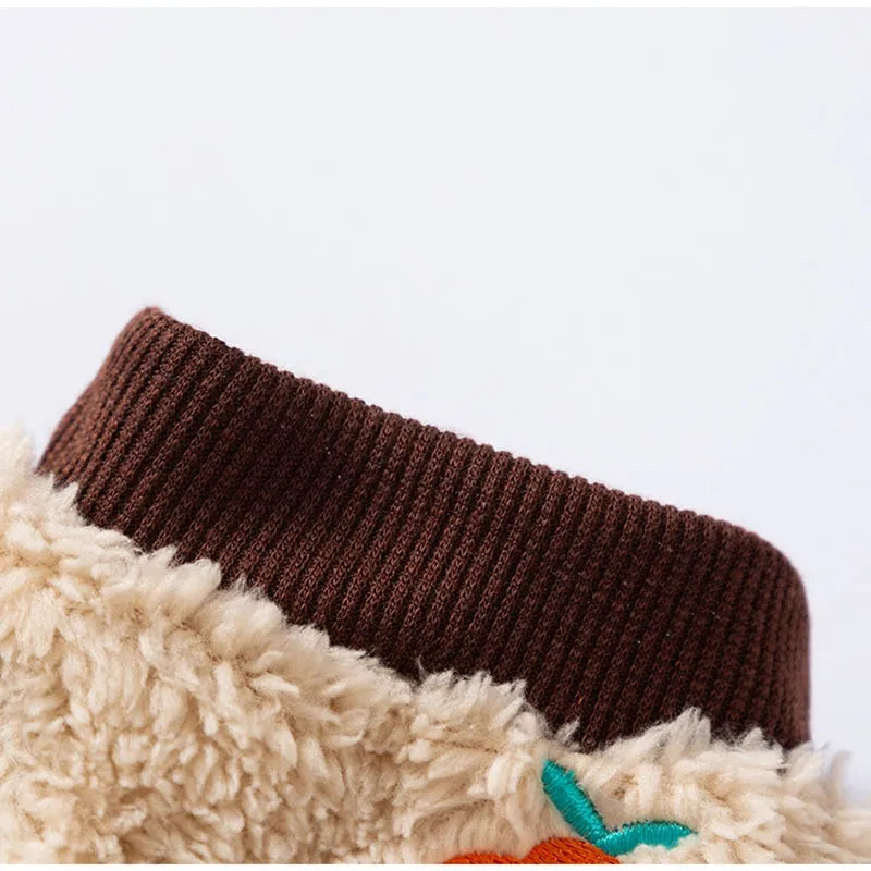 Brown fleece dog onesie with orange fruit embroidery on the back, four-legged design for small medium pets