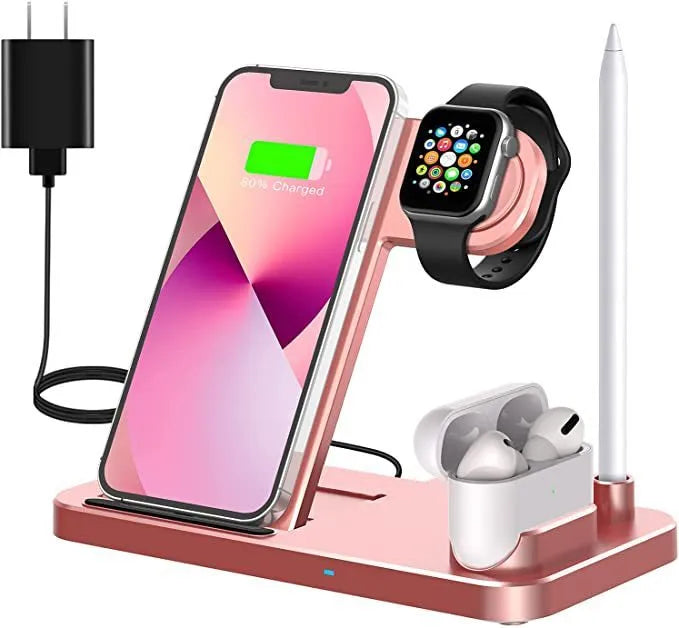 Black folding 4-in-1 wireless charger showing iPhone AirPods and Apple Pencil charging simultaneously