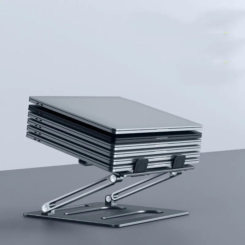 Aluminium alloy metal laptop stand with 340mm elevation height on a desk, silver colour
