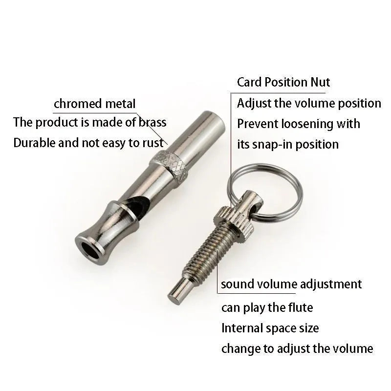 Metallic-coloured adjustable ultrasonic dog whistle with brass electroplated nickel construction
