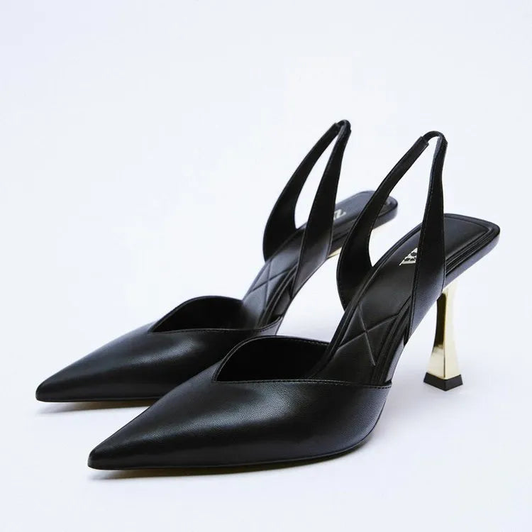 Apricot and black pointed-toe patent leather high heels for women with a shallow cut-out vamp.