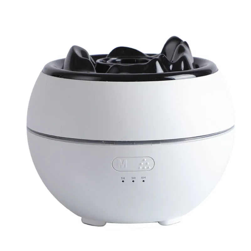 White round desk aroma diffuser humidifier with timer buttons and USB cable