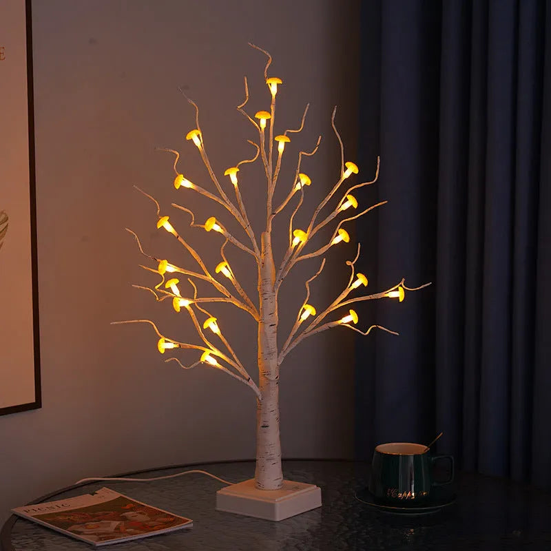 60cm tall white birch tree LED lamp with 24 small detachable mushroom lights on top.