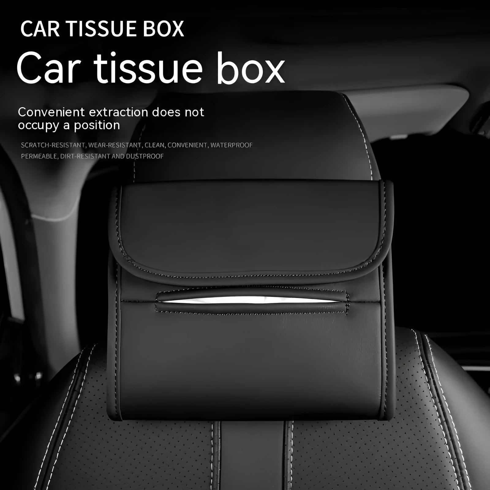 Brown leather car tissue box with elastic strap hanging on a car seat back.