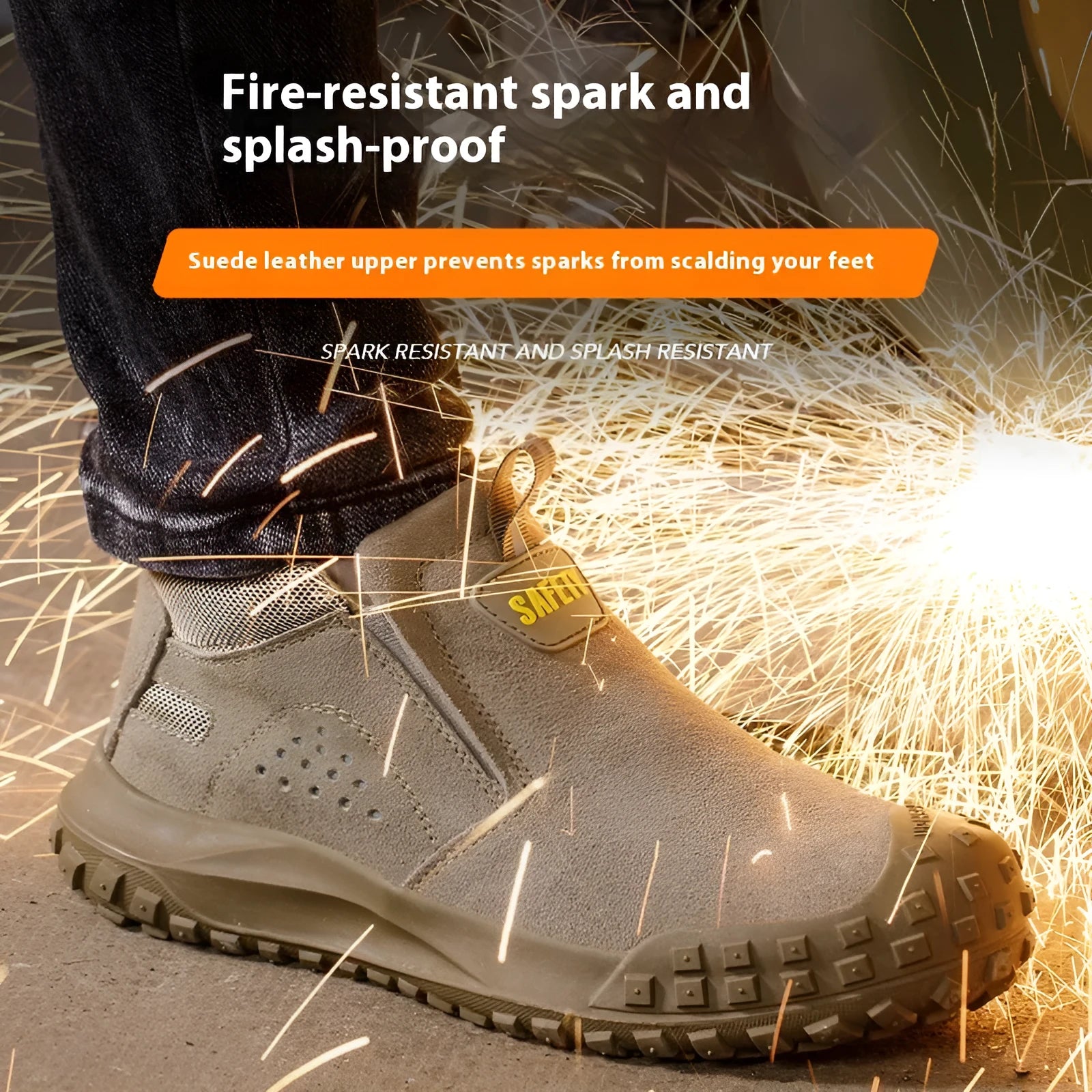 Mid-calf grey steel-toe safety work boots for welding and construction on a industrial floor.