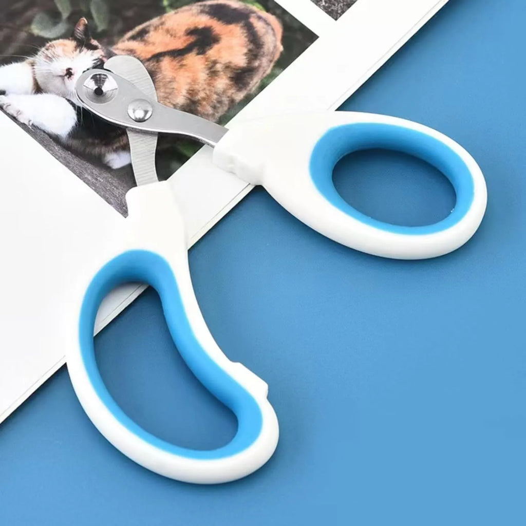 Blue cat nail clippers with circular cut hole and cushioned non-slip handle