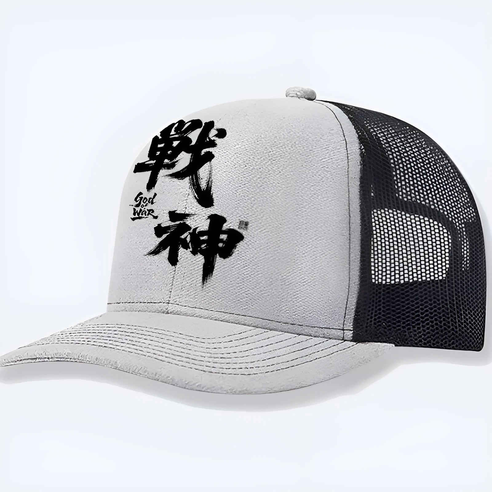 Men's casual baseball cap in grey polyester fabric, showing adjustable back strap.