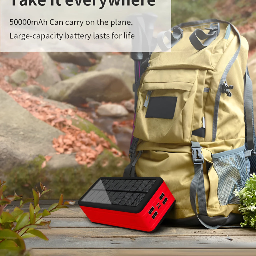 Solar wireless power bank in black with colour accents showing charging ports and solar panel