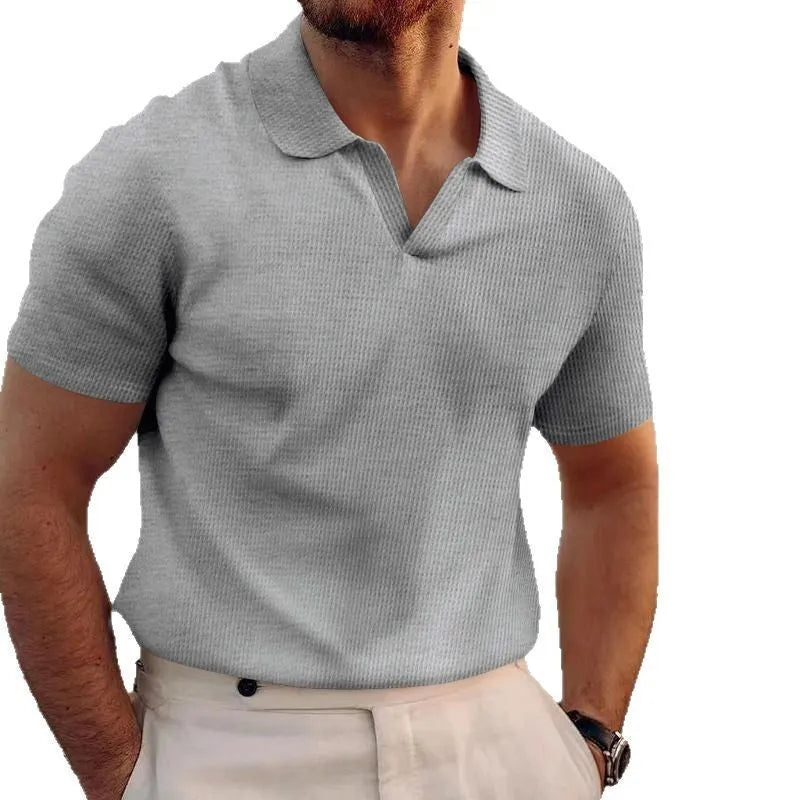 Men's slim fit waffle knit T-shirt in lightweight polyester, shown in a solid colour with short sleeves.