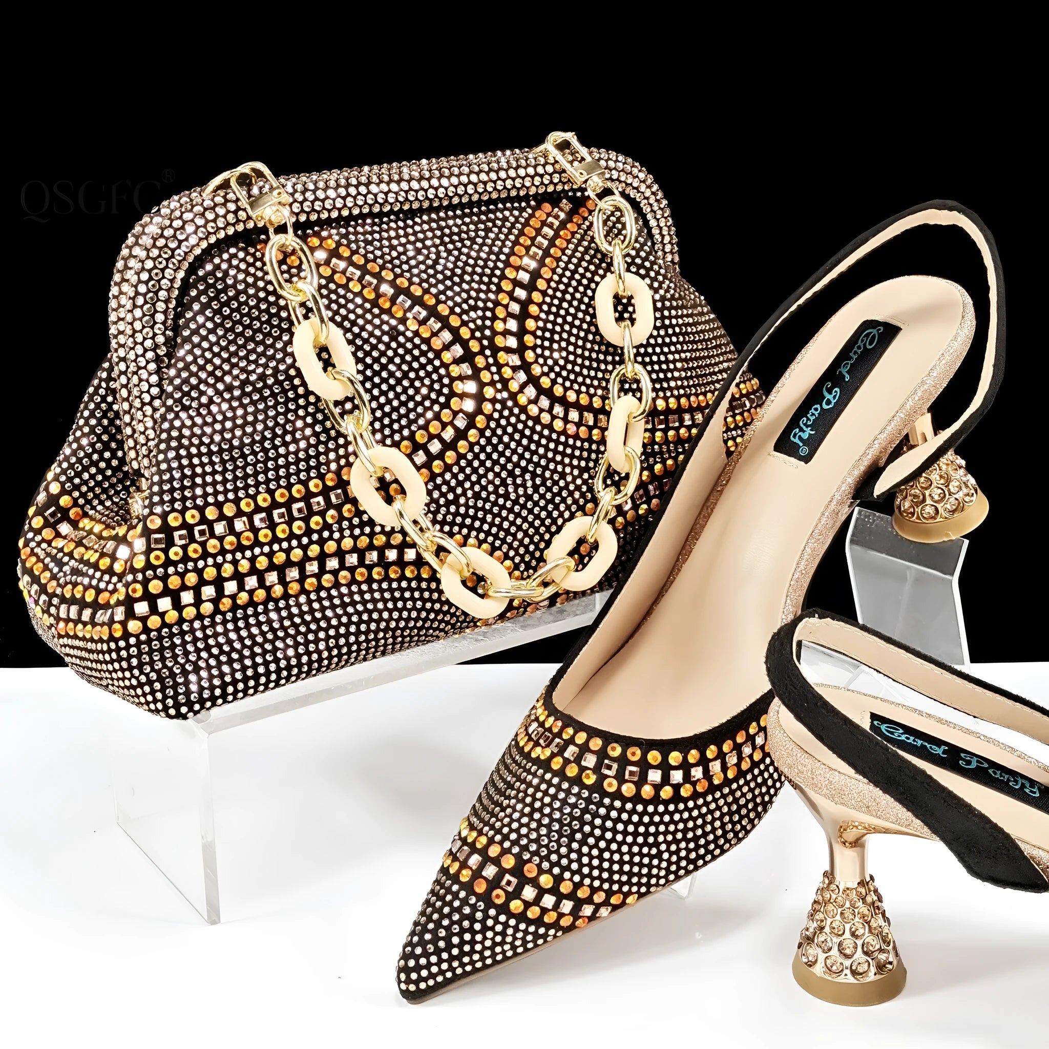 Women's pointed toe high heels with matching bag in synthetic leather, showing wine glass heel and rhinestone detail.