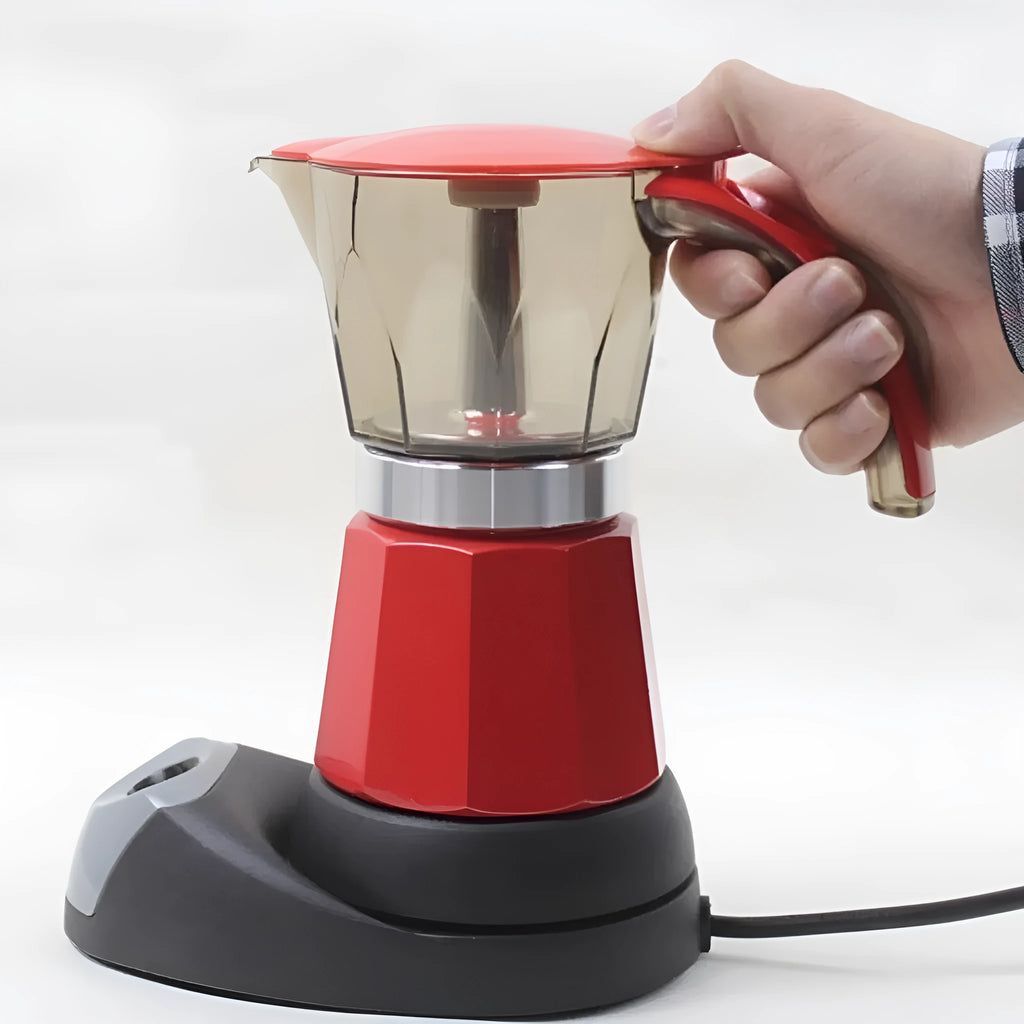 Octagonal aluminium electric moka pot coffee maker in blue colour with EU plug.