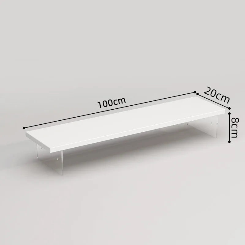 Acrylic and wood computer riser desk storage rack in black, white, walnut or teak, 40cm to 120cm long