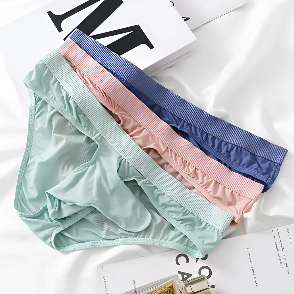 Men's low waist briefs underwear in Ice Silk fabric showing colour options and briefs cut.