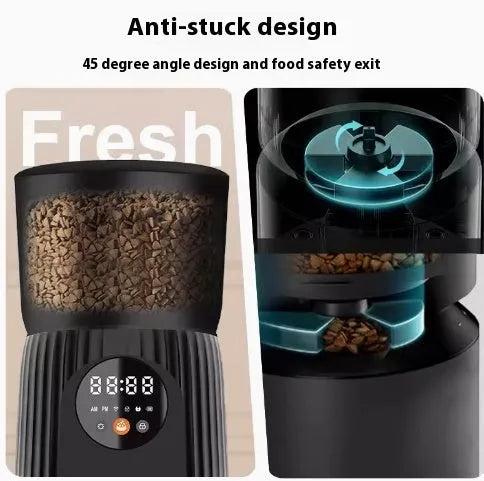 Black automatic pet feeder with digital display and detachable bowl on a kitchen floor.