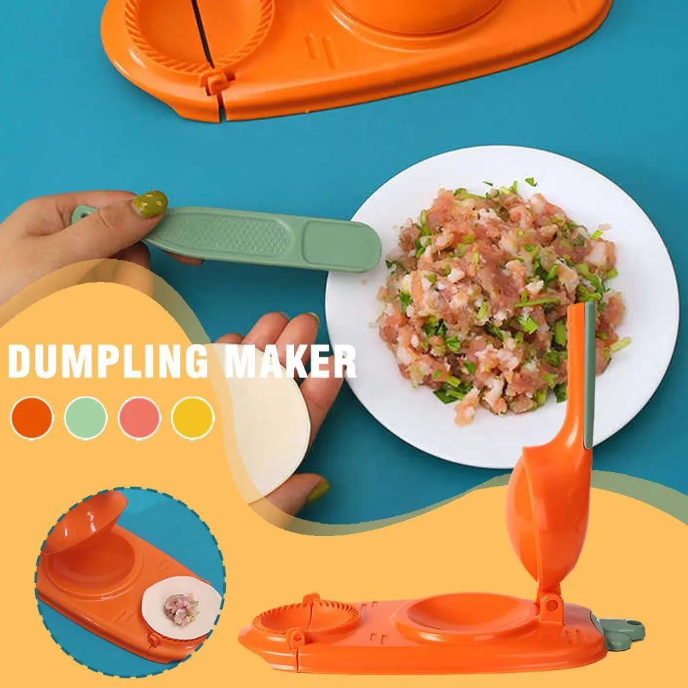 Orange and white manual kitchen dumpling press tool with ergonomic handle on wooden table