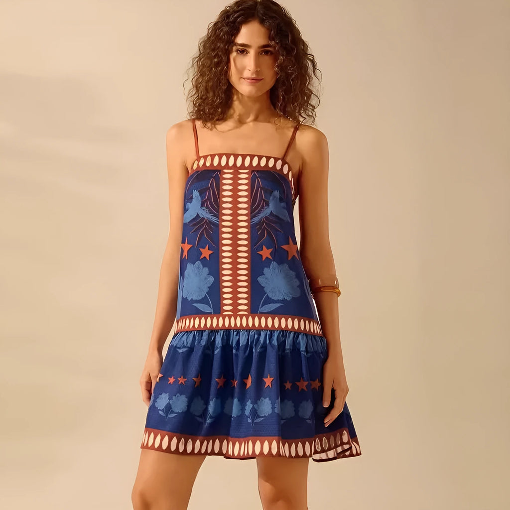 Women's blue one-shoulder printed A-line dress, strapless sleeveless mid-length style with ruffle detail