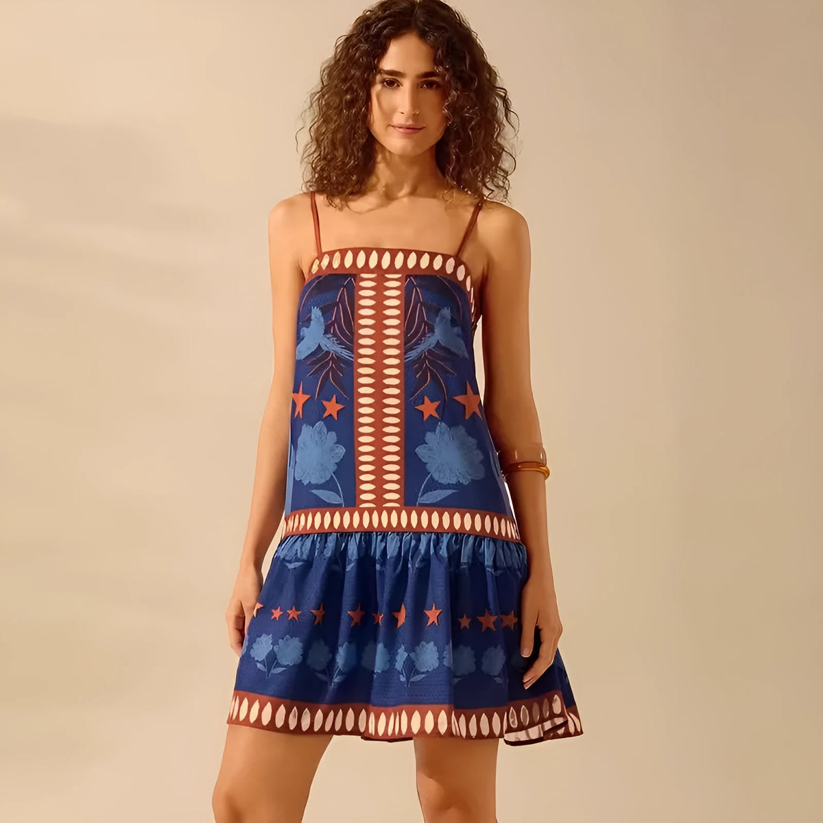 Women's blue one-shoulder printed A-line dress, strapless sleeveless mid-length style with ruffle detail