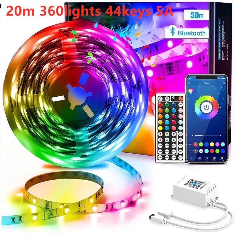 12V RGB LED light strip with 44-key Bluetooth remote and power adapter on a white background.