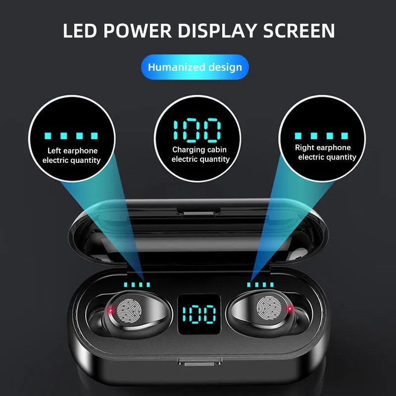 Black wireless Bluetooth headset with digital display, Bluetooth 5.0, stereo earplugs, 10 metre range and 4 hour battery