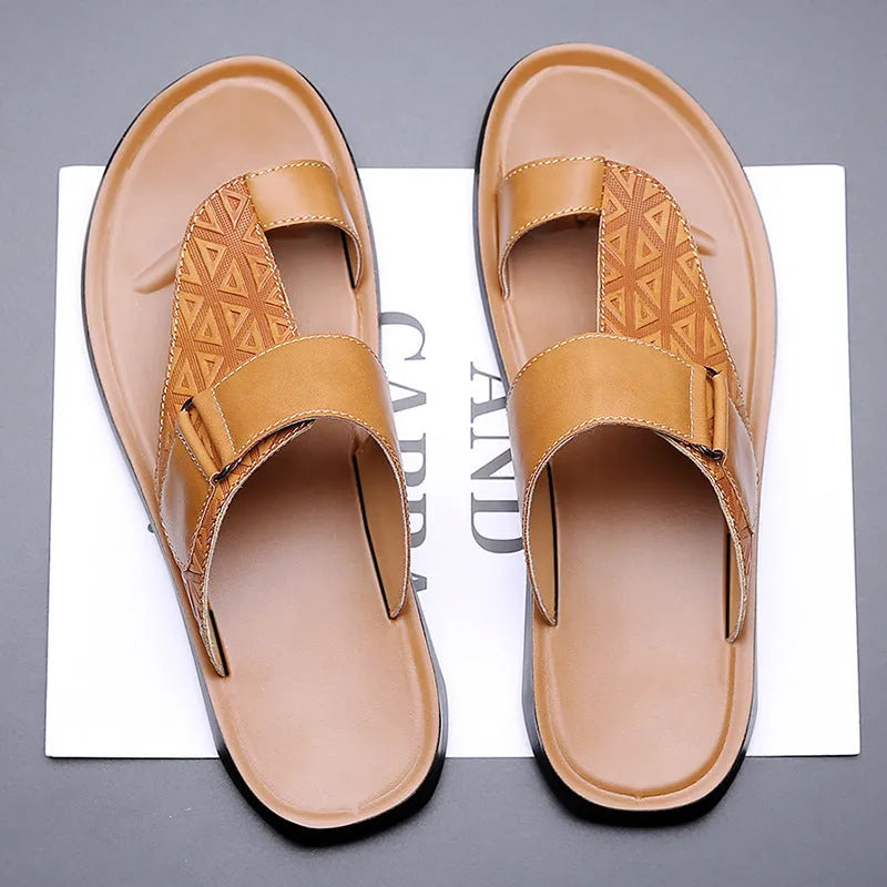 Men's light brown cowhide leather open-toe beach slippers with a rubber sole.