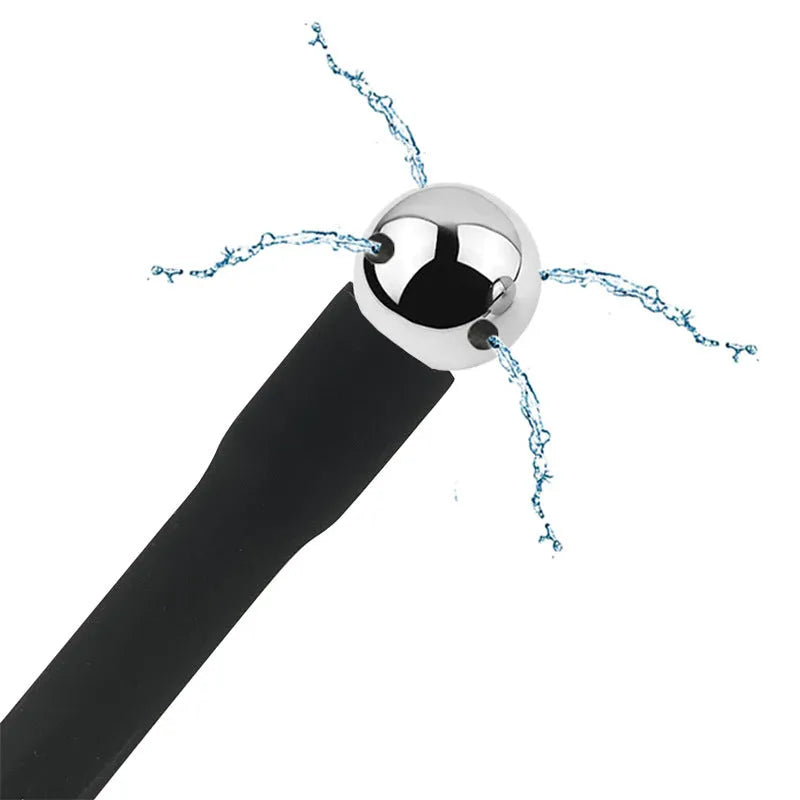 Silver and black silicone metal enema kit with round head, 25cm length, on white background