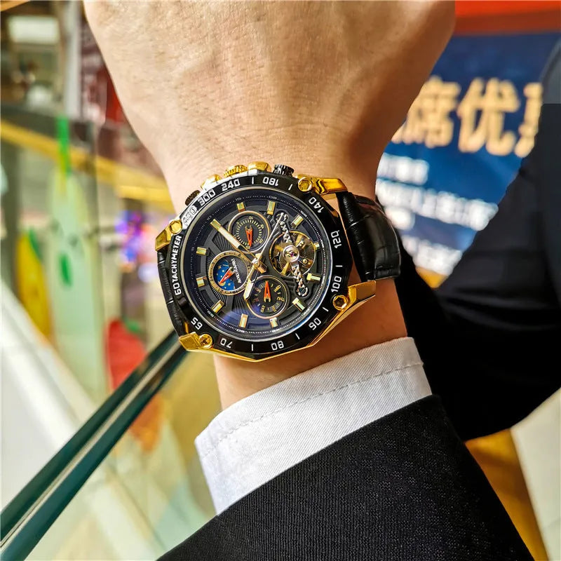 Men's automatic mechanical watch with a 12mm steel case on wrist, showing black dial and black case option.