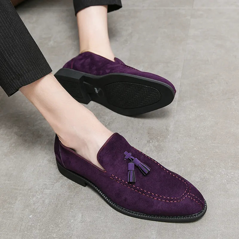 Men's suede matte leather shoes in purple or blue, flat heel, low tube, sizes 38-48, artificial PU upper, plastic sole.