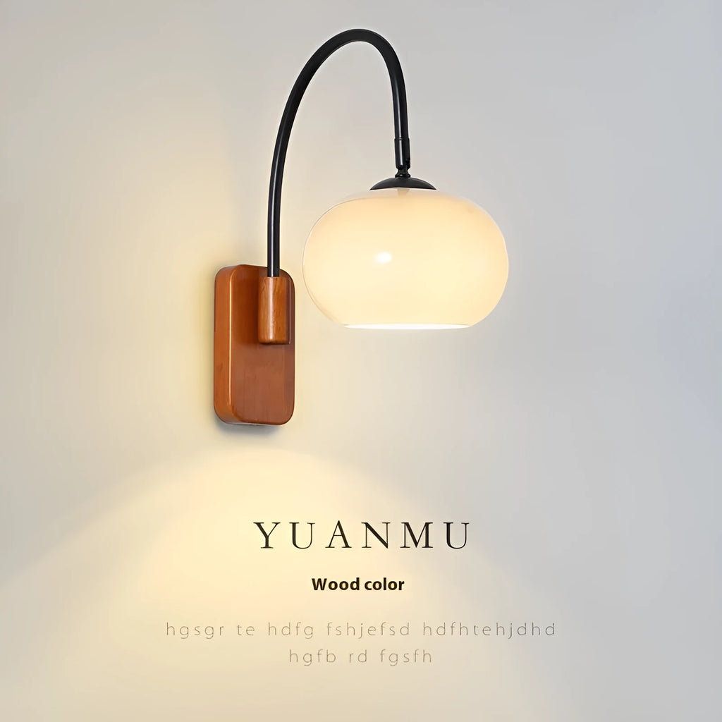32cm milky white glass wall LED lamp with walnut or log colour iron body, 220V bedside wall light