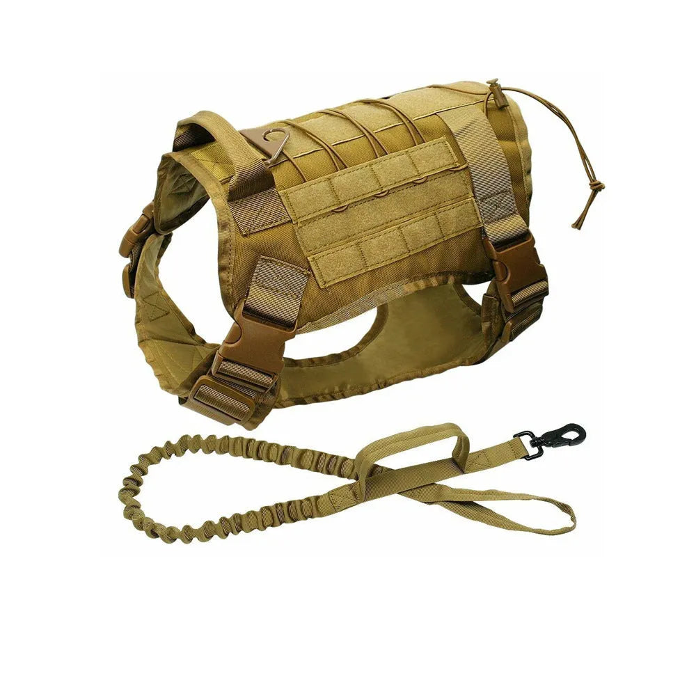 Tactical nylon dog vest with Molle webbing in khaki colour for large breeds