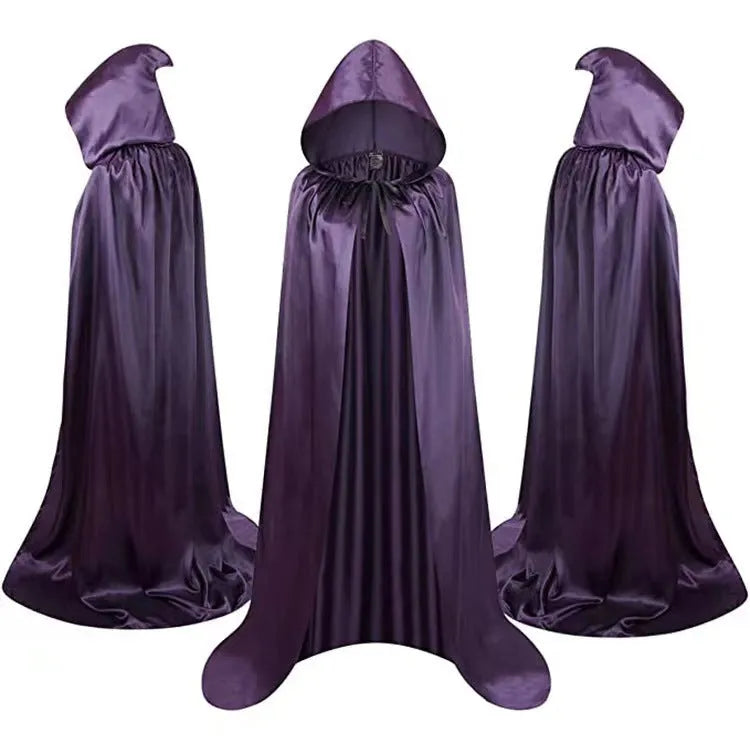 Black reversible hooded satin cloak for children's Halloween wizard costume