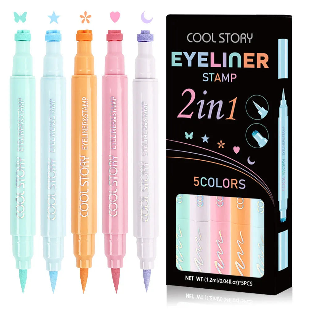 Double-headed seal eyeliner set of 5 colours pink aqua blue pink purple cyan maroon liquid eyeliner 1.2mL each
