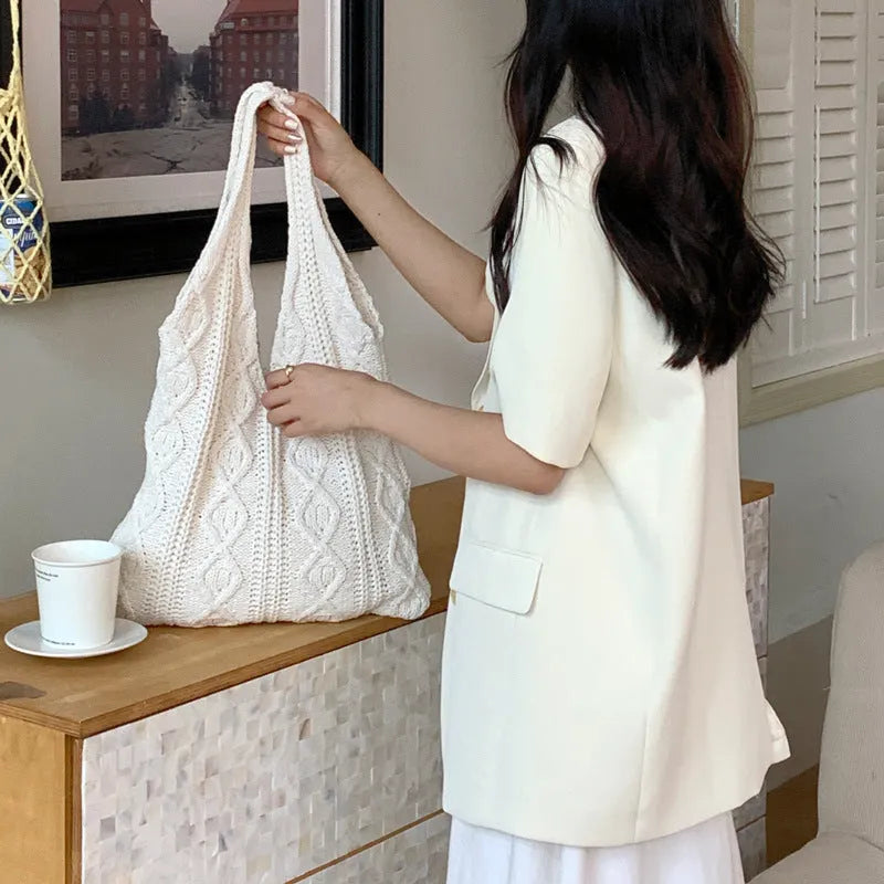 Retro hollow-knitted crochet shoulder tote bag in a solid colour with a double strap.