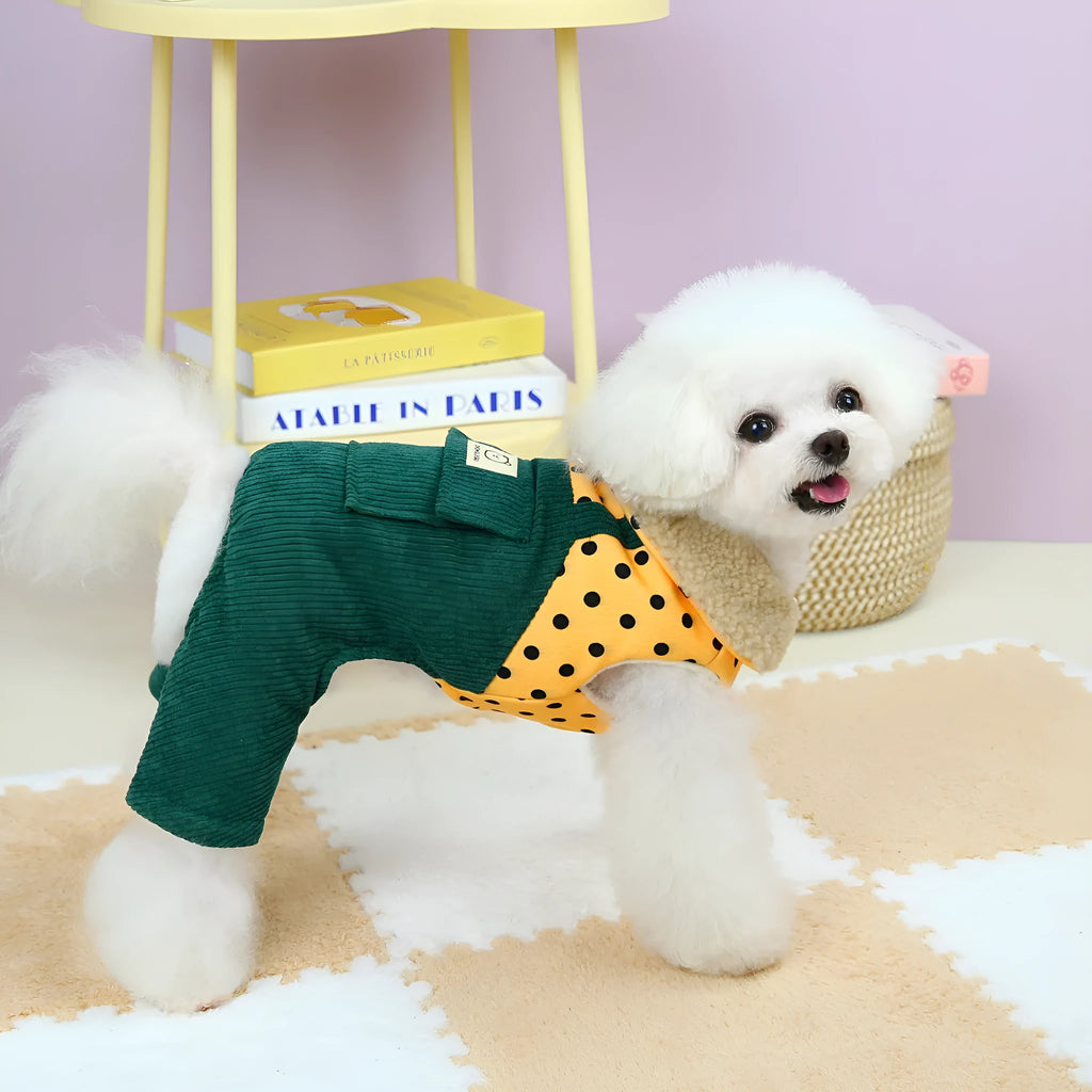 Thickened four-legged cotton pet clothes for small dogs in dark green and brown, sizes XS to XL