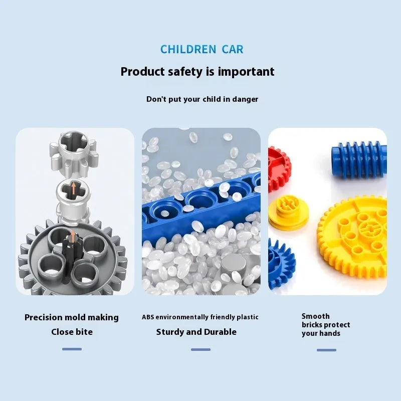 3-in-1 mechanical gear building block set showing multiple model options in colour box packaging