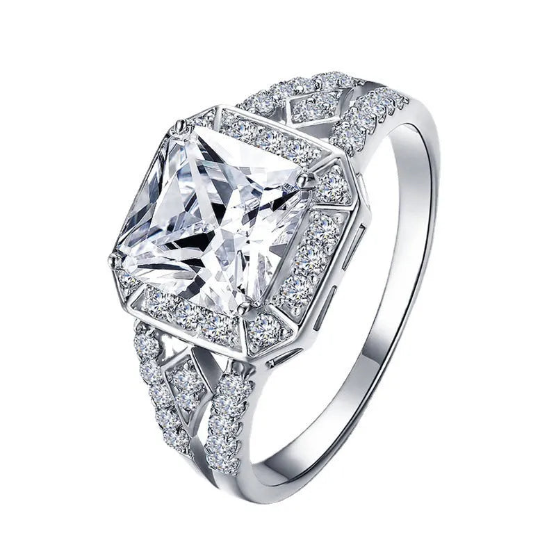 Women's geometric zircon ring with hollow design and platinum colour finish