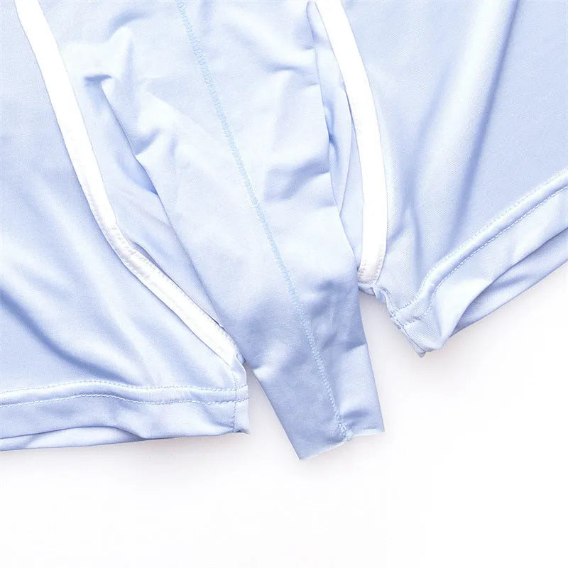 Men's solid colour Ice Silk boxer shorts on a mid waist, shown in blue colour option