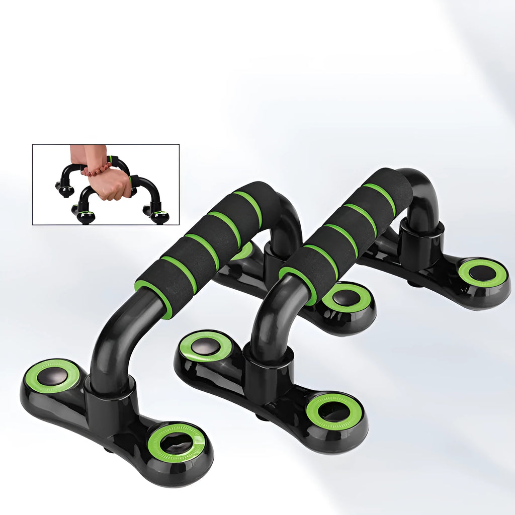 I-shaped detachable push up bars with black fruit green foam grips on PP plastic frame, yellow box packaging