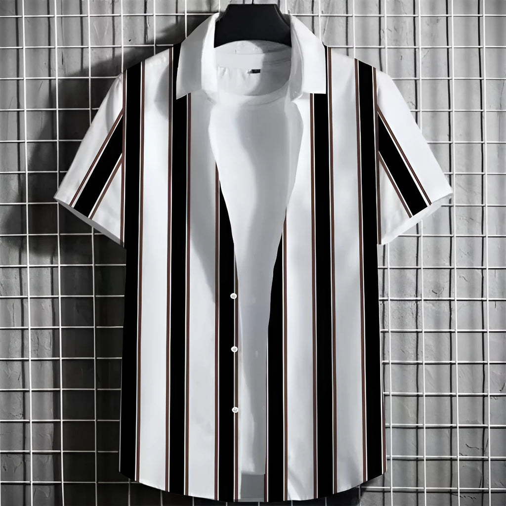 Men's striped linen t-shirt with 3D print design in extended sizing