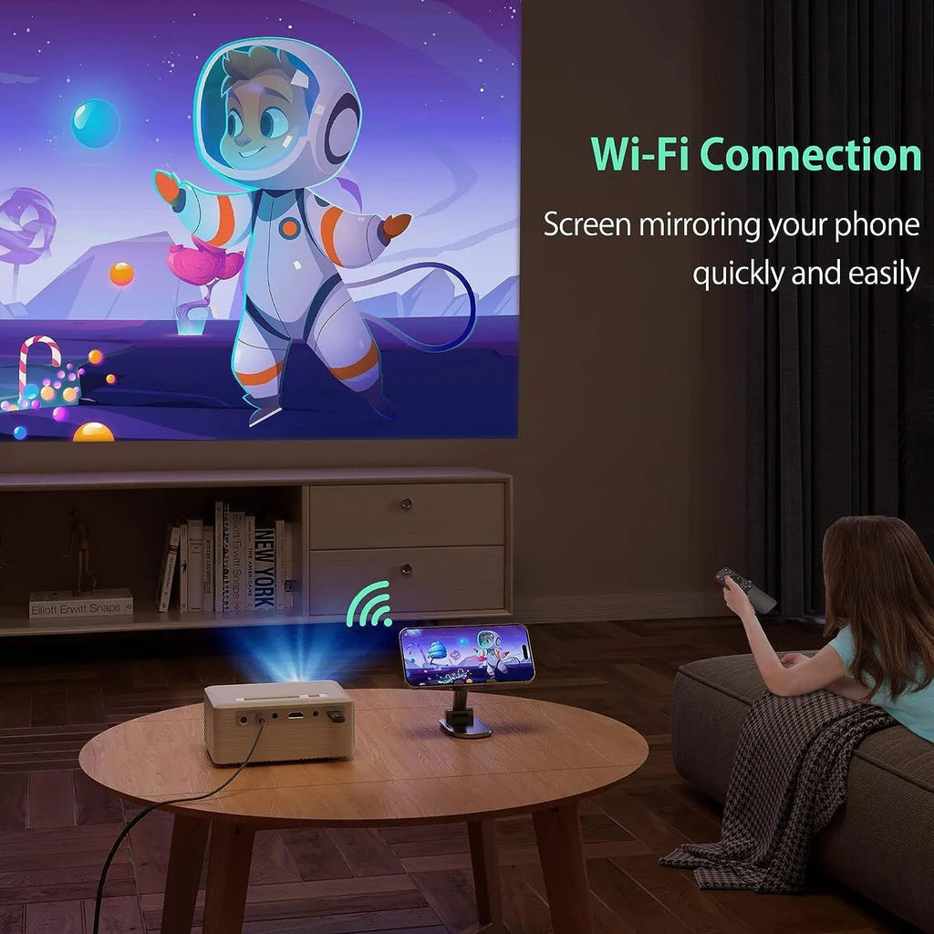 Black Smart Android 720p WiFi Bluetooth projector with reflection film, 3200lms brightness