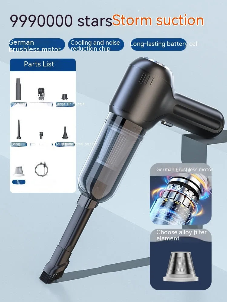 Black cordless car vacuum cleaner with multiple nozzle attachments on a car seat.